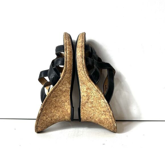 Born Womens Sz 10M Wedge Cork Heel Sandals Leather Black Casual Slip On Open Toe - Picture 5 of 12
